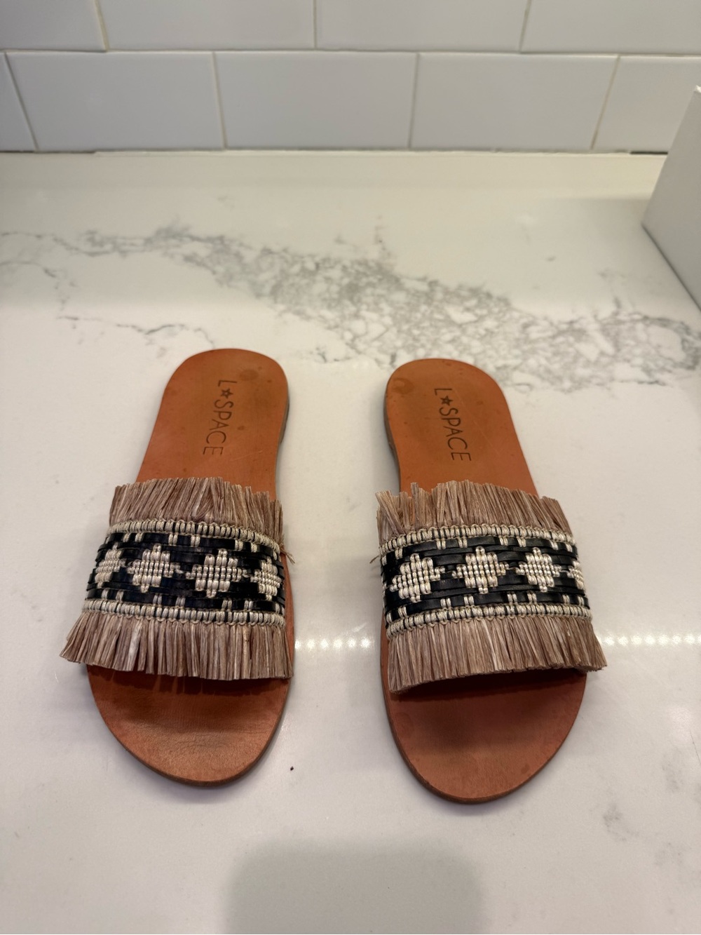 l*space Tan Fringe Slide Sandals with Black & White Beaded Band